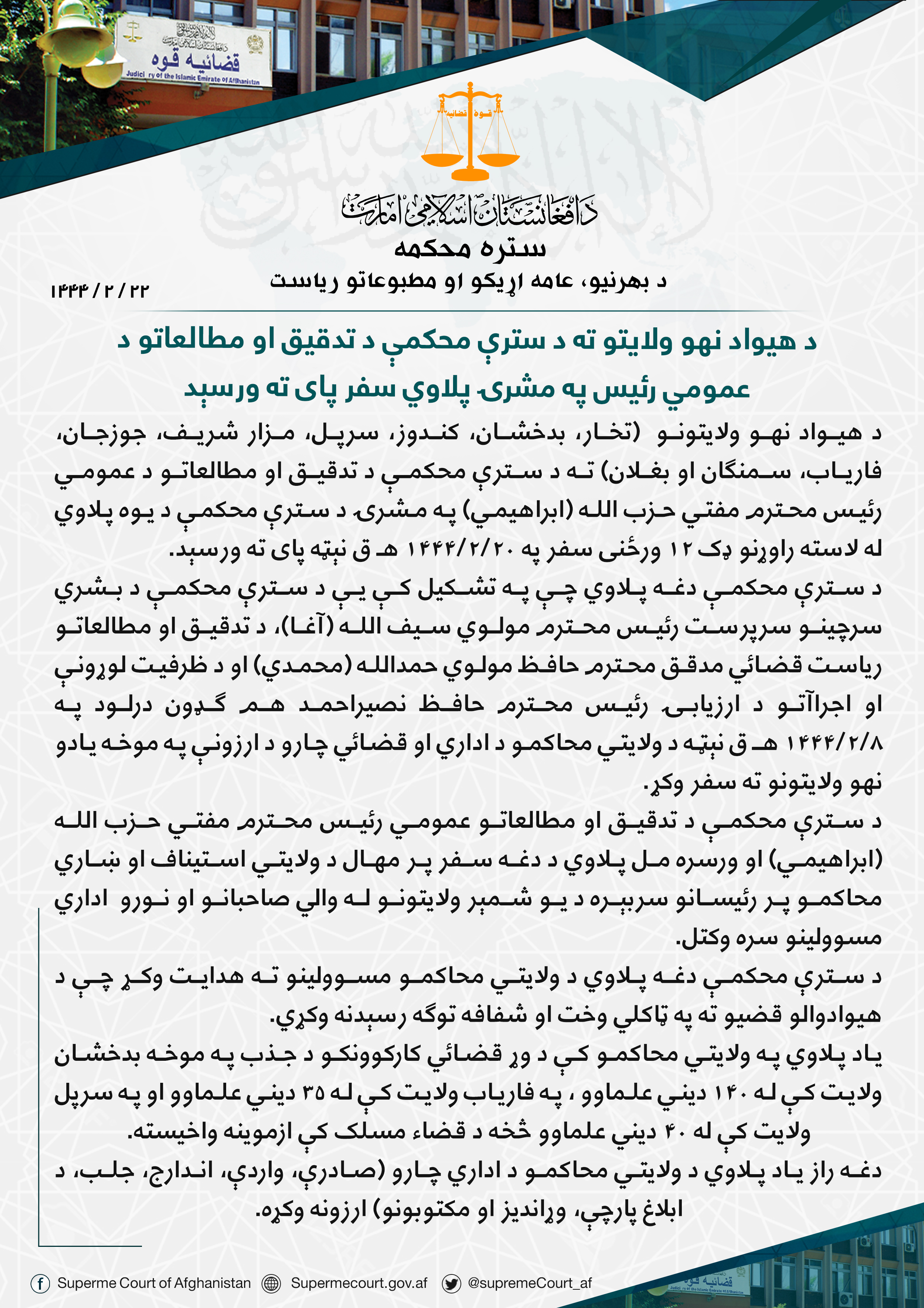 د هیواد نهو ولایتو ته د سترې محکمې د تدقیق او مطالعاتو د عمومي رئیس په مشرۍ پلاوي سفر پای ته ورسېد