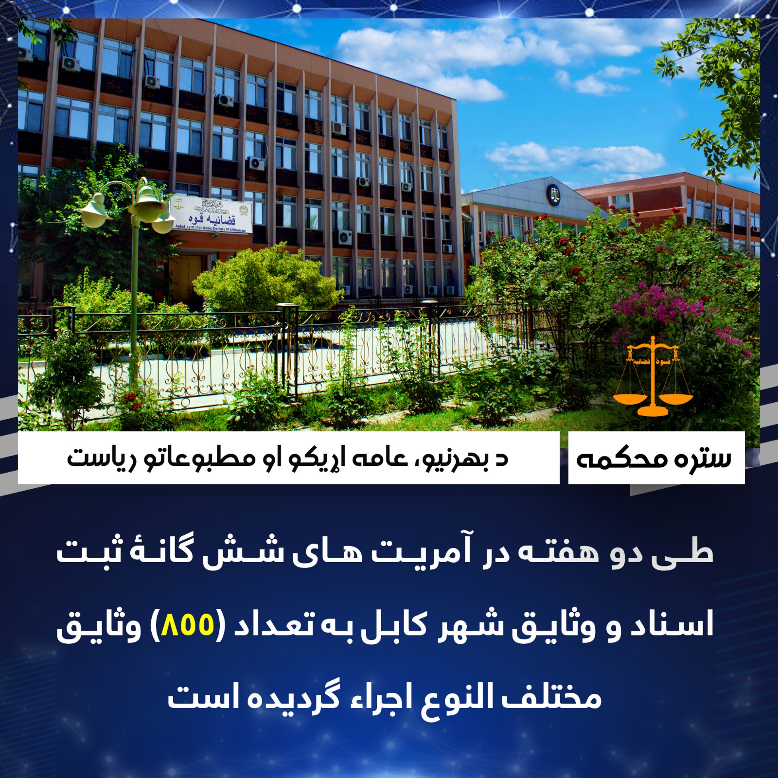 طی دو هفته در آمریت های شش گانۀ ثبت اسناد و وثایق شهر کابل به تعداد (۸۵۵) وثایق مختلف النوع اجراء گردیده است‌