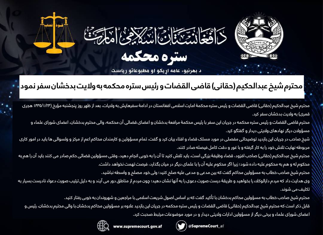 محترم شیخ عبدالحکیم (حقانی) قاضی القضات و رئیس ستره محکمه به ولایت بدخشان سفر نمود محترم شیخ عبدالحکیم (حقانی) قاضی القضات و رئیس ستره محکمۀ امارت اسلامی افغانستان در ادامۀ سفرهایش به ولایات، بعد از ظهر روز پنجشنبه مؤرخ (۲۴/۱/۱۴۴۵ هجری قمری) به ولایت بدخشان سفر کرد. محترم قاضی القضات و رئیس ستره محکمه در جریان این سفر با رئیس محکمۀ مرافعۀ بدخشان و اعضای قضائی آن محکمه، والی محترم بدخشان، اعضای شورای علماء و مسؤولان دیگر نهادهای ولایتی دیدار و گفتگو کرد. شیخ صاحب در جریان این بازدید توضیحاتی مفصلی در مورد مس