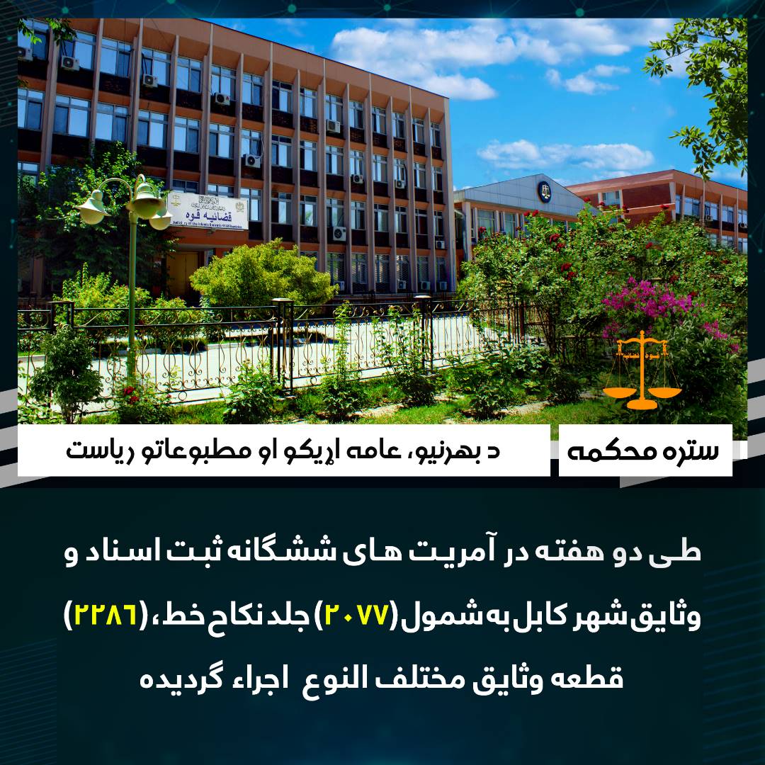 طی دو هفته در آمریت های ششگانه ثبت اسناد و وثایق شهر کابل به شمول (2077) جلد نکاح خط، (۲۲۸۶) قطعه وثایق مختلف النوع  اجراء گردیده‌