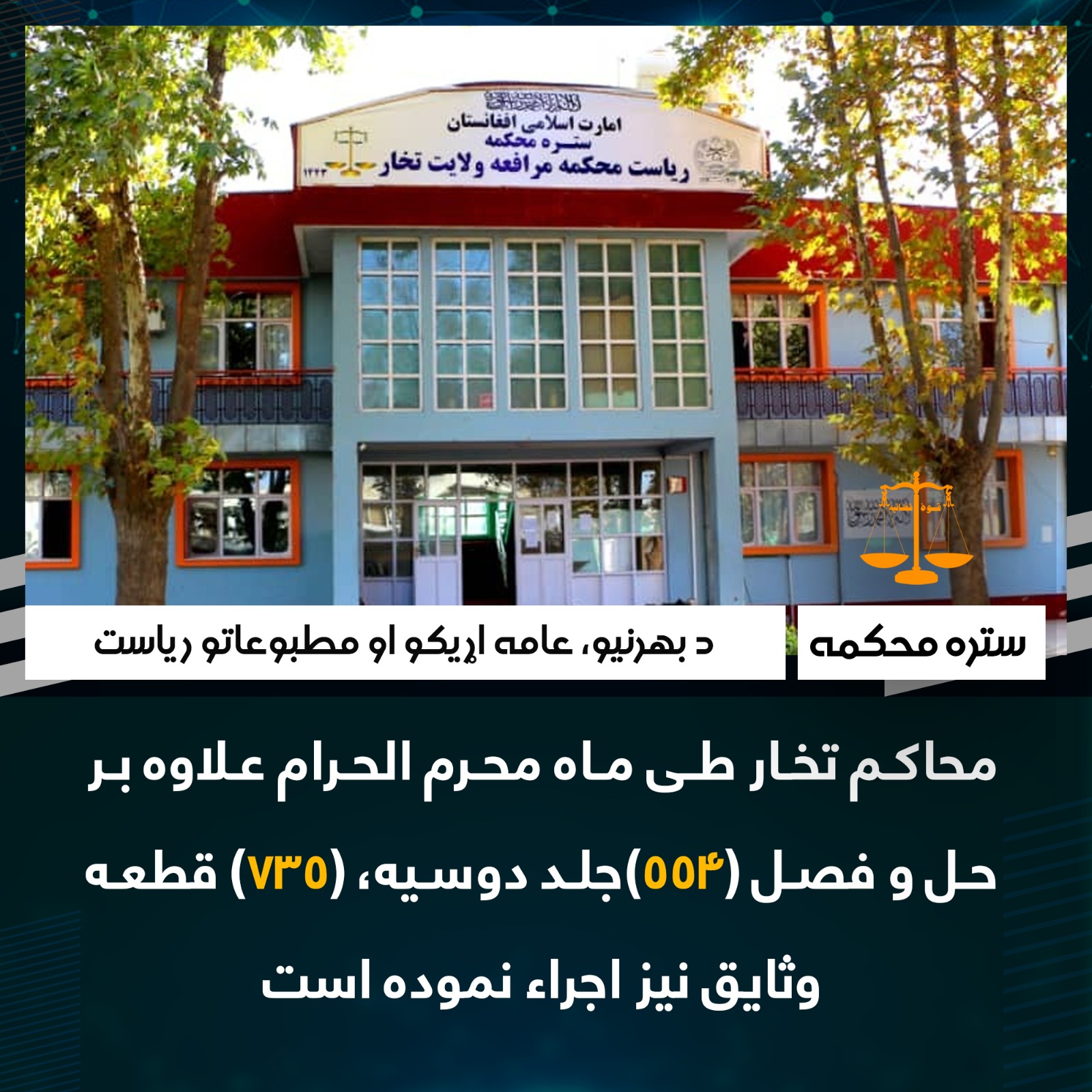 محاکم تخار طی ماه محرم الحرام علاوه بر حل و فصل (554)جلد دوسیه، (735) قطعه وثایق نیز اجراء نموده است