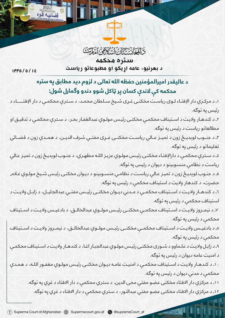 ‏د عالیقدر امیرالمؤمنین حفظه الله تعالی د لزوم دید مطابق په ‎ستره محکمه کې لاندې کسان پر ټاکل شوو دندو وګمارل شول: