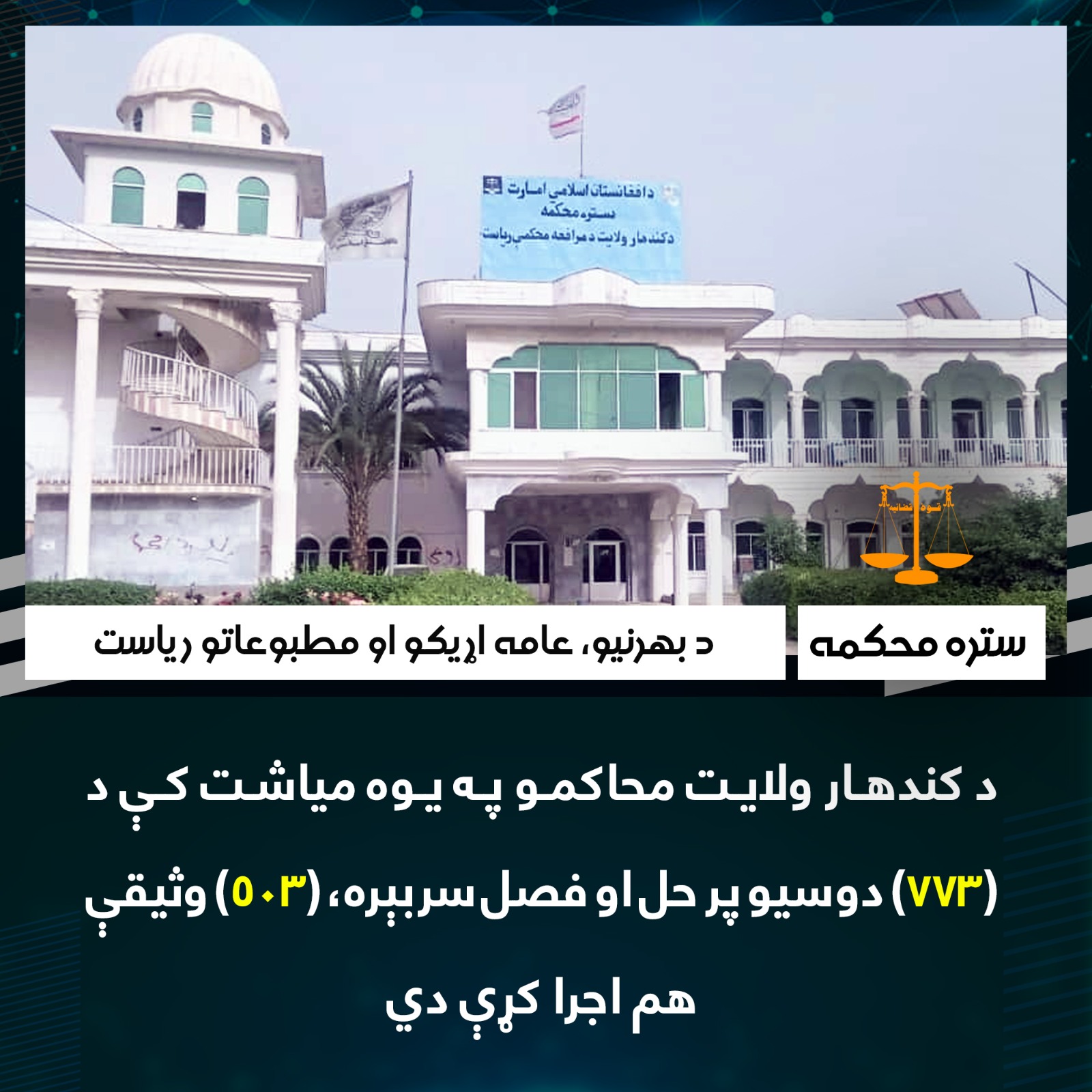 د کندهار ولايت محاکمو په يوه مياشت کې د (۷۷۳) دوسيو پر حل او فصل سربېره، (۵۰۳) وثيقې هم اجرا کړې دي