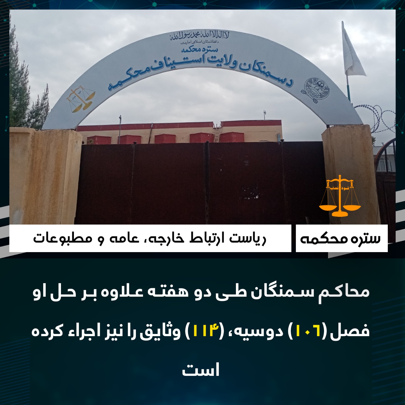 محاکم سمنگان طی دو هفته علاوه بر حل او فصل (106) دوسیه، (114) وثایق را نیز اجراء کرده‌است