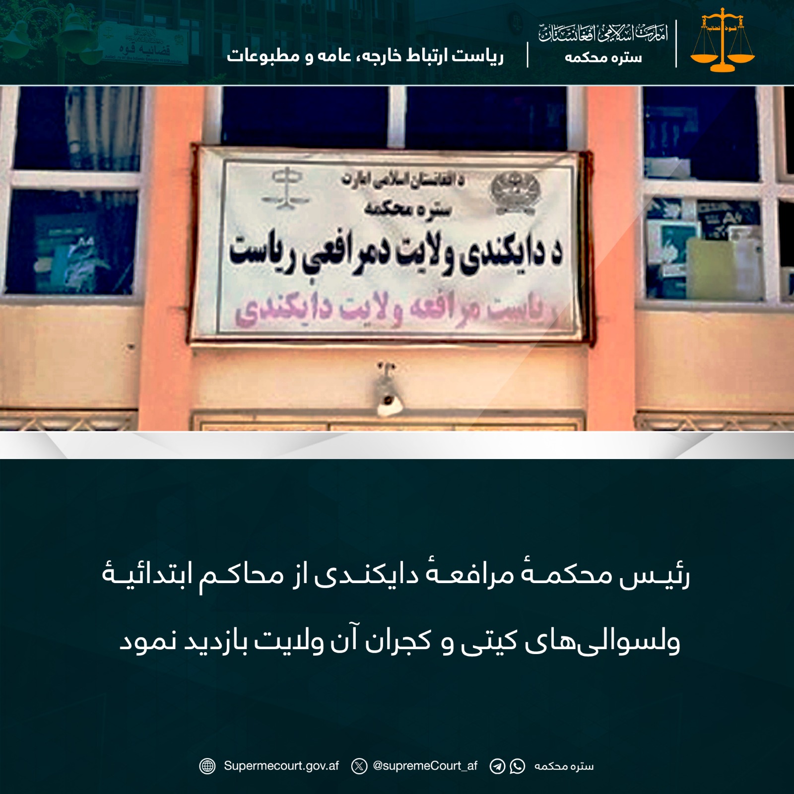 رئيس محکمهٔ مرافعهٔ دايکندی از محاکم ابتدائيۀ ولسوالی‌های کیتی و کجران آن ولايت بازديد نمود