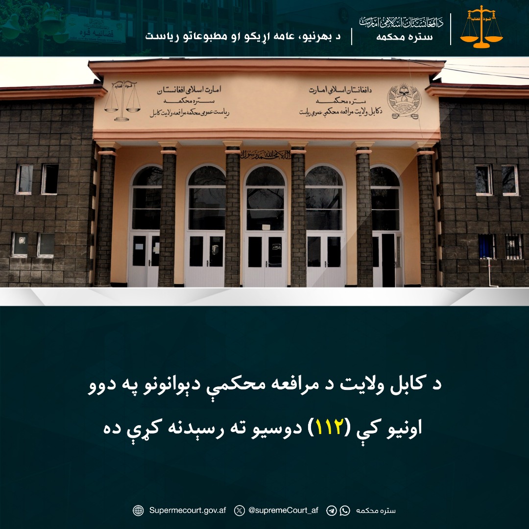 د کابل ولايت د مرافعه محکمې دېوانونو په دوو اونيو کې (۱۱۲) دوسيو ته رسېدنه کړې ده