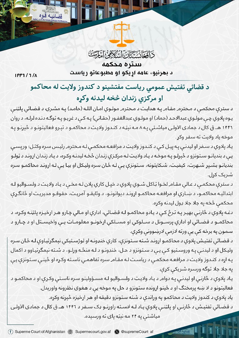 د قضائي تفتیش عمومي ریاست مفتشینو د کندوز ولايت له محاکمو او مرکزي زندان څخه لیدنه وکړه