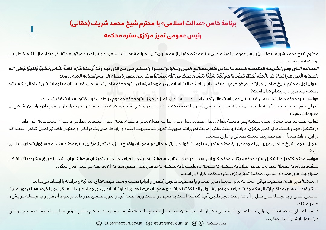 برنامۀ خاص «عدالت اسلامی» با محترم شیخ محمد شریف (حقانی) رئیس عمومی تمیز مرکزی ستره محکمه