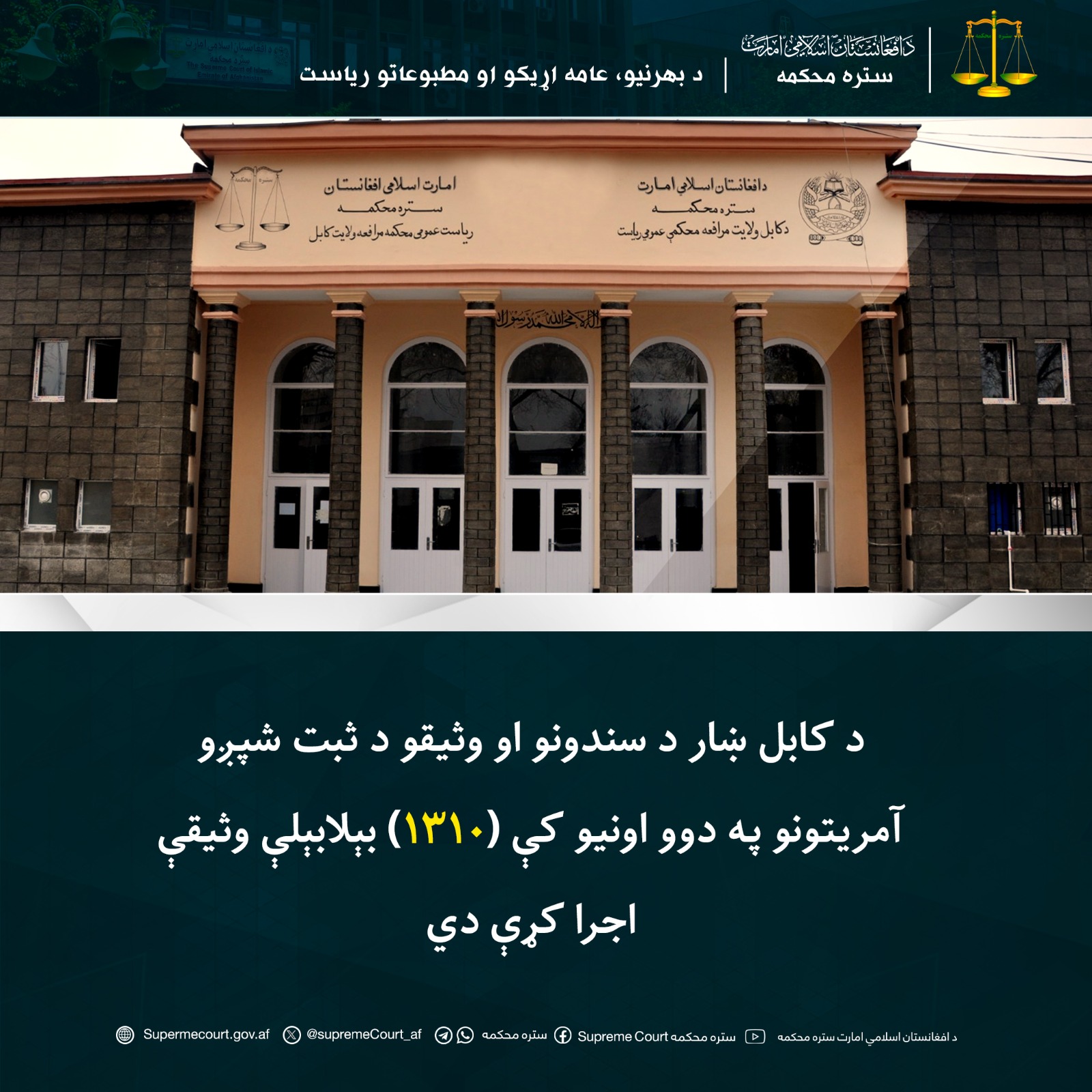 د کابل ښار د سندونو او وثیقو د ثبت شپږو آمریتونو په دوو اونيو کې (۱۳۱۰) بېلابېلې وثیقې اجرا کړې دي