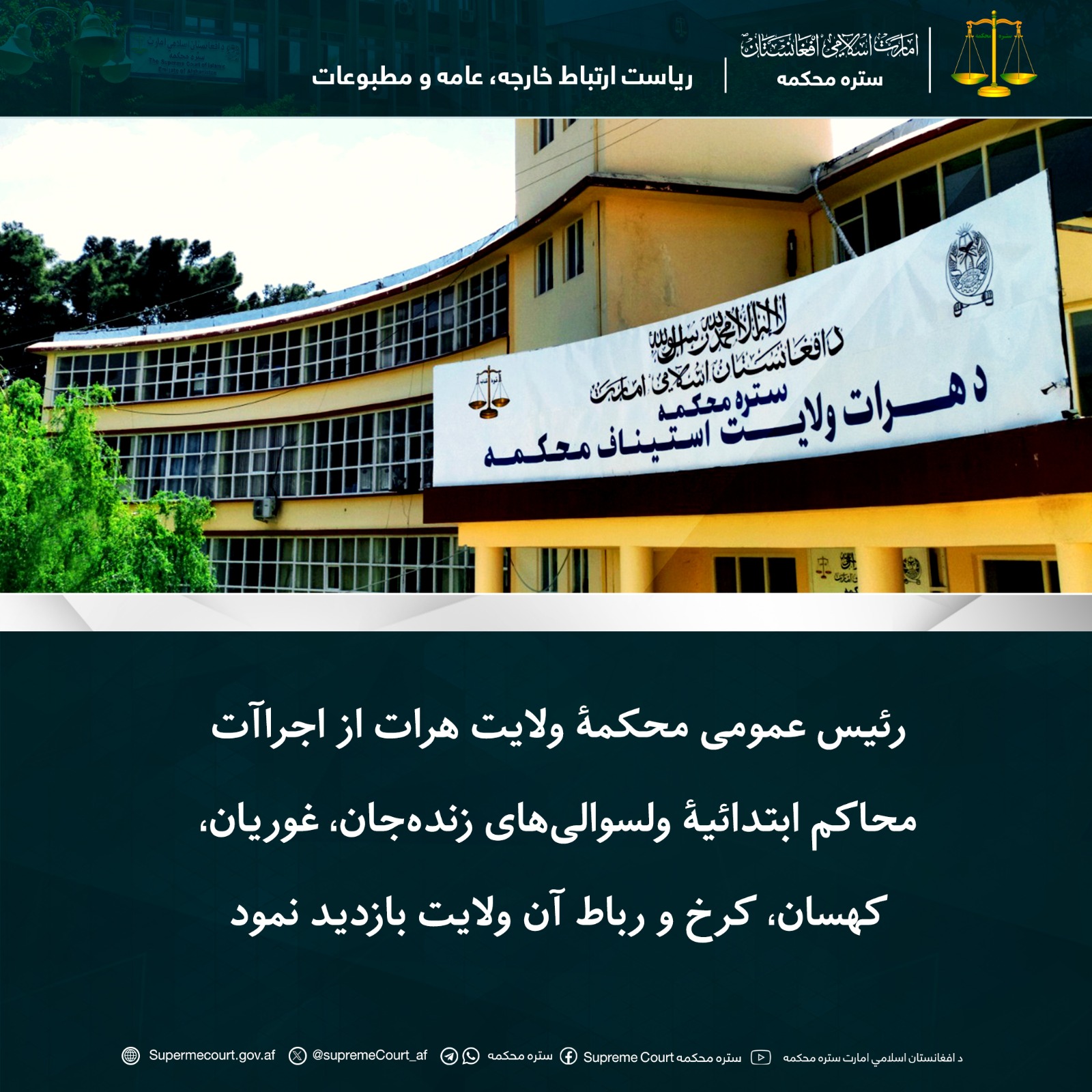 رئیس عمومی محکمۀ ولایت هرات از اجراآت محاکم ابتدائیۀ ولسوالیهای زندهجان، غوریان، کهسان، کرخ و رباط آن ولایت بازدید نمود