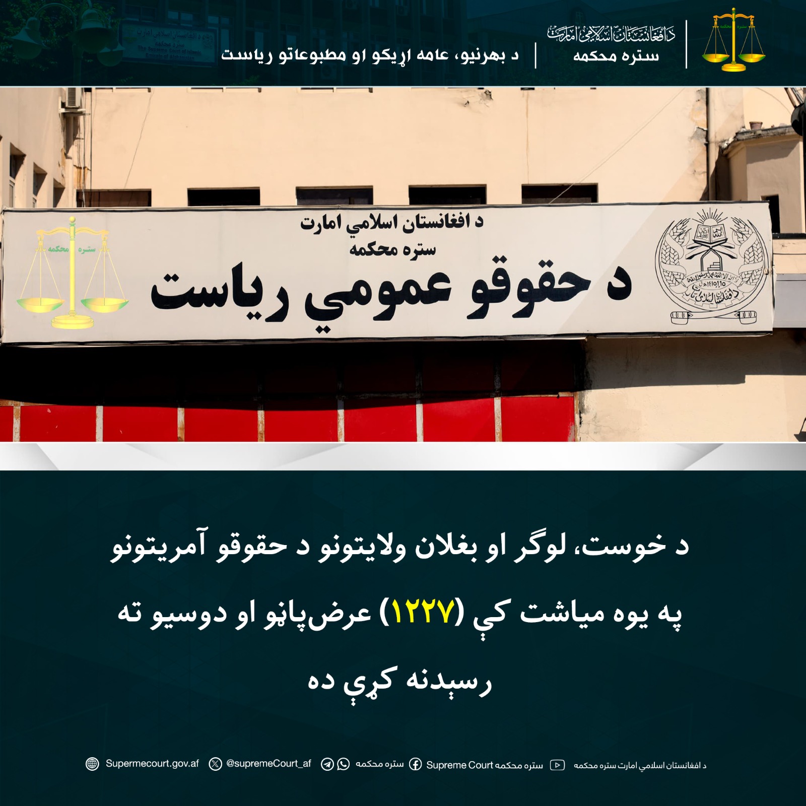 د خوست، لوګر او بغلان ولایتونو د حقوقو آمریتونو په یوه میاشت کې (۱۲۲۷) عرضپاڼو او دوسيو ته رسېدنه کړې ده