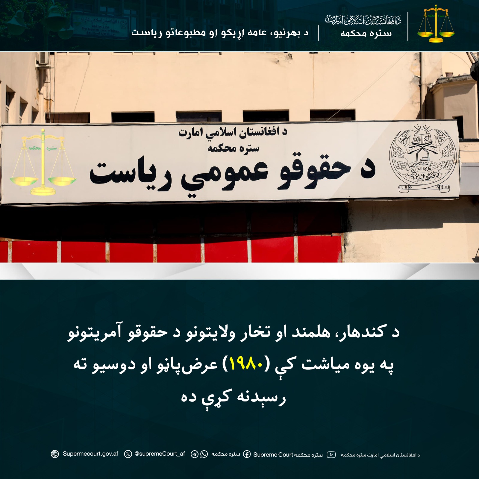 د کندهار، هلمند او تخار ولایتونو د حقوقو آمریتونو په یوه میاشت کې (۱۹۸۰) عرضپاڼو او دوسيو ته رسېدنه کړې ده