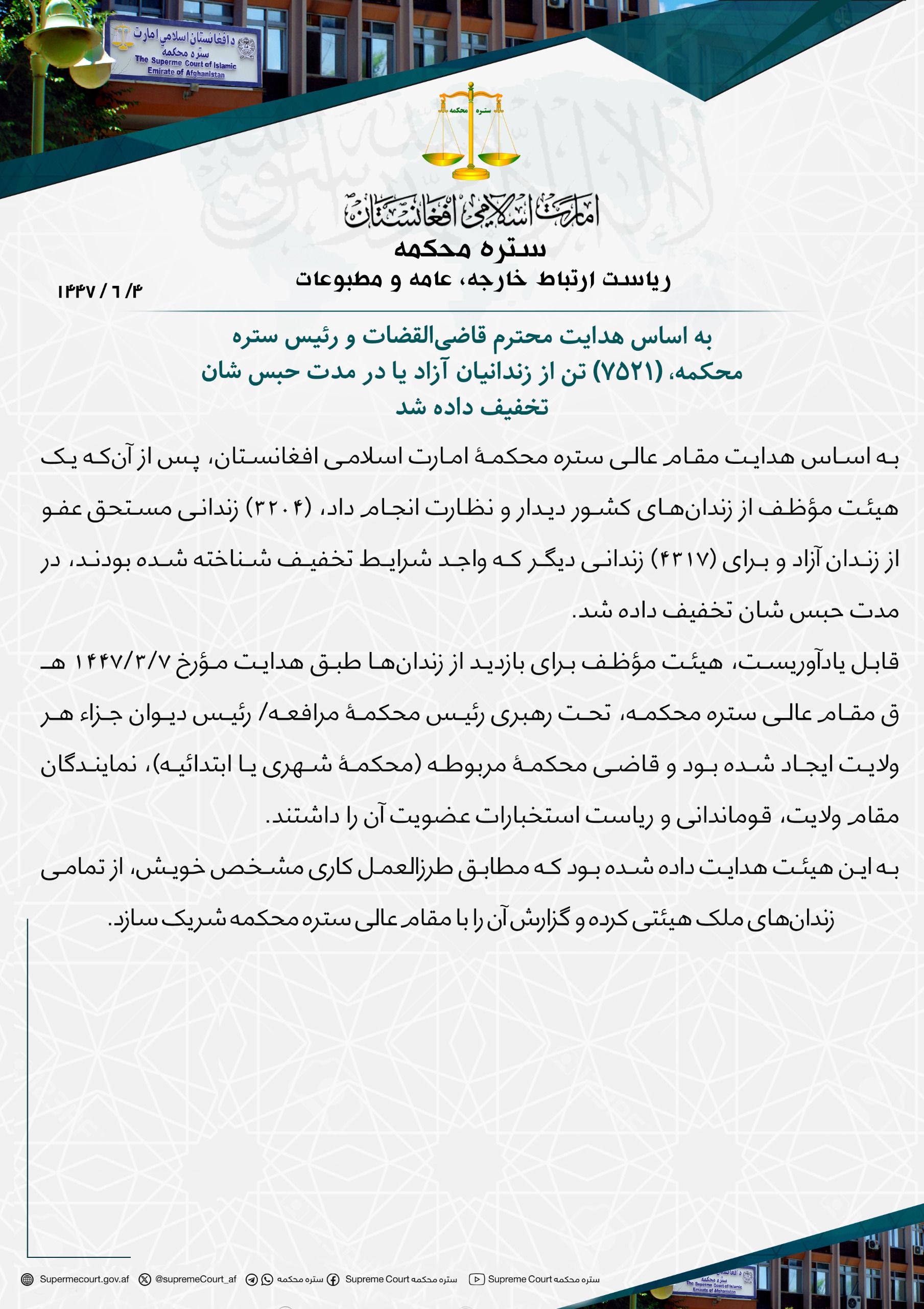 به اساس هدایت محترم قاضی‌القضات و رئیس ستره محکمه، (٧٥٢١) تن از زندانیان آزاد یا در مدت حبس شان تخفیف داده شد