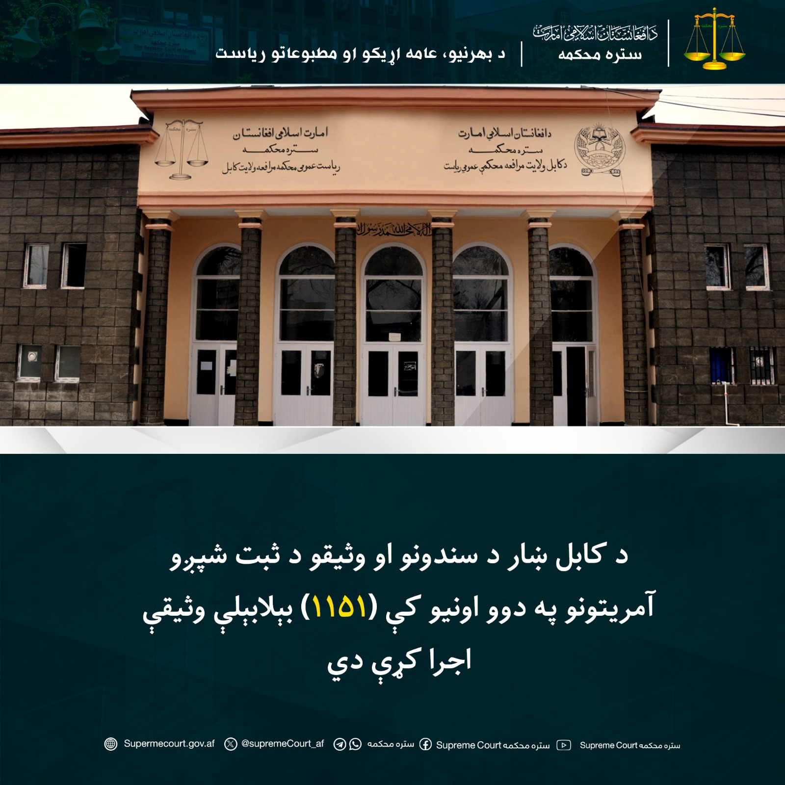 د کابل ښار د سندونو او وثیقو د ثبت شپږو آمریتونو په دوو اونيو کې (۱۱۵۱) بېلابېلې وثیقې اجرا کړې دي