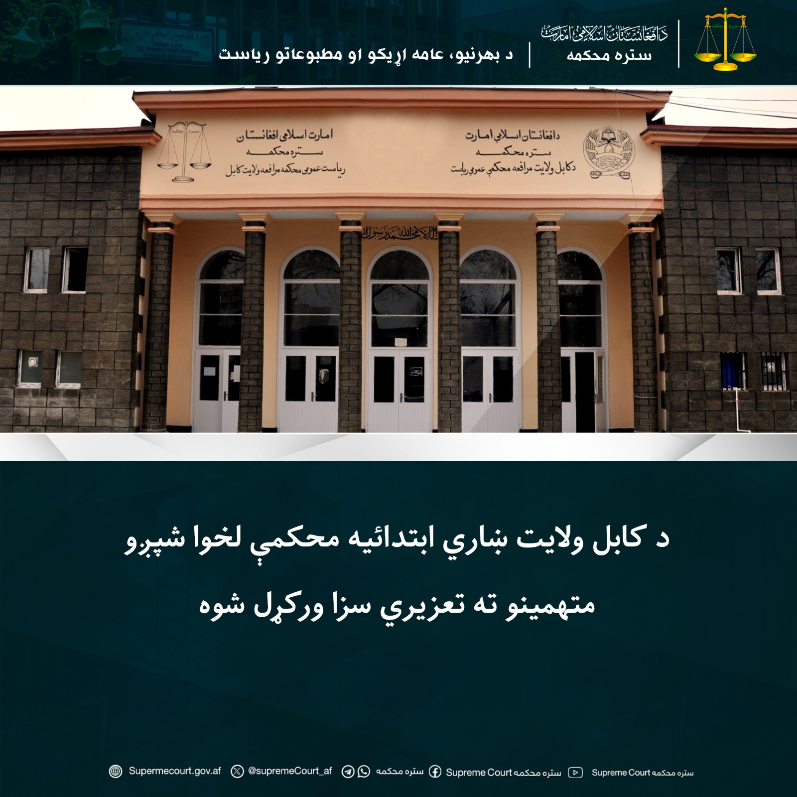 د کابل ولايت ښاري ابتدائیه محکمې لخوا شپږو متهمينو ته تعزیري سزا ورکړل شوه