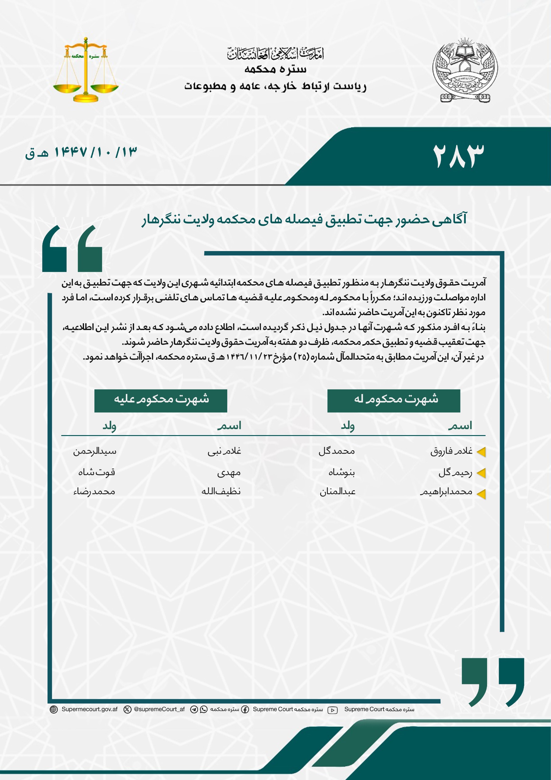 آگاهی حضور جهت تطبیق فیصله های محکمه ولایت ننگرهار