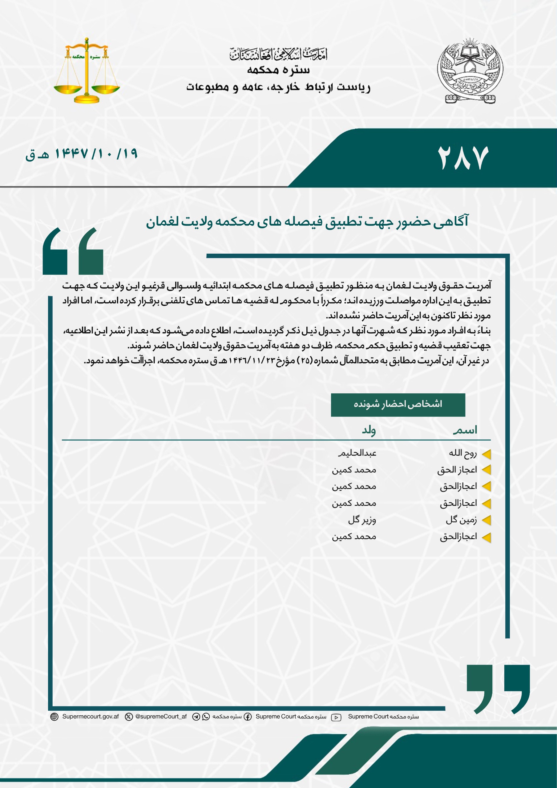 آگاهی حضور جهت تطبیق فیصله های محکمه ولایت لغمان