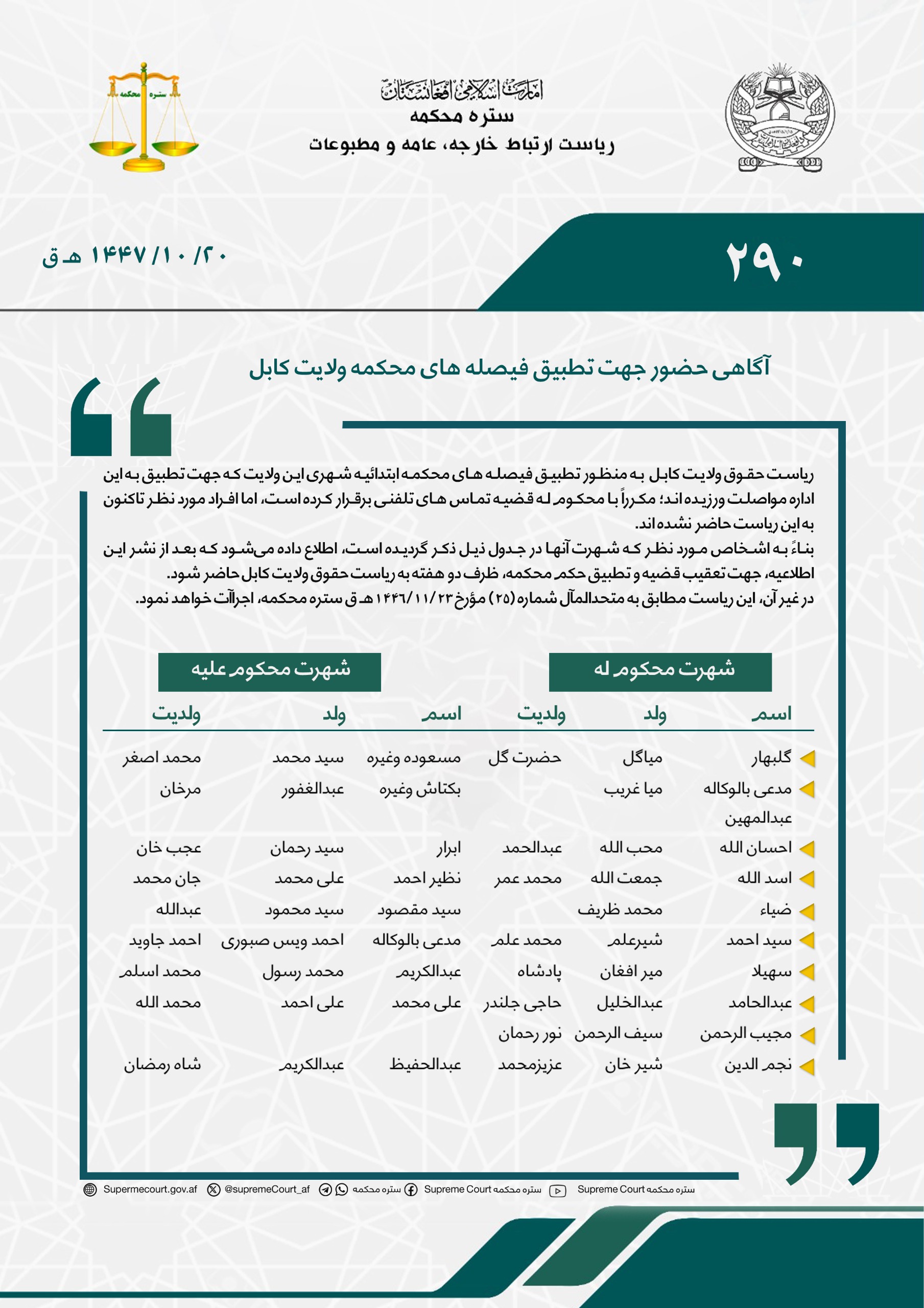 آگاهی حضور جهت تطبیق فیصله محکمه ولایت کابل