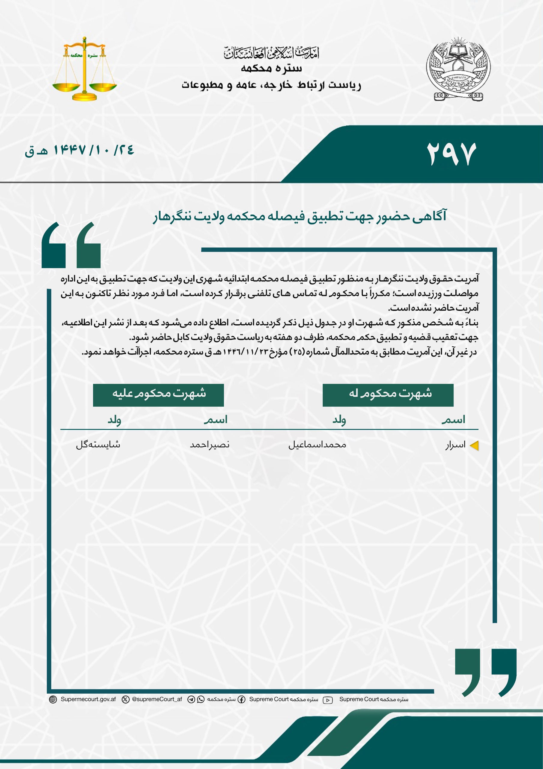 آگاهی حضور جهت تطبیق فیصله محکمه ولایت ننگرهار