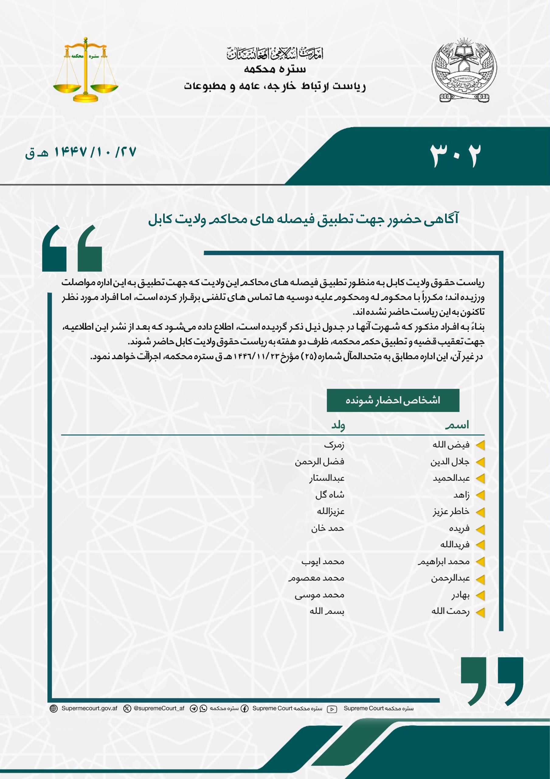 آگاهی حضور جهت تطبیق فیصله های محاکم ولایت کابل