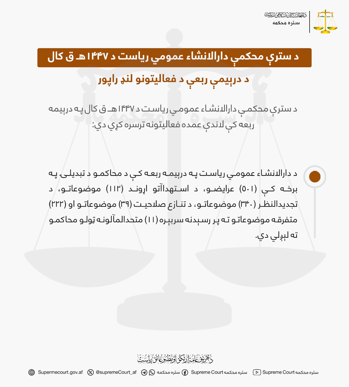 د سترې محکمې دارالانشاء عمومي ریاست د ۱۴۴۷هـ ق کال د درېيمې ربعې د فعاليتونو لنډ راپور