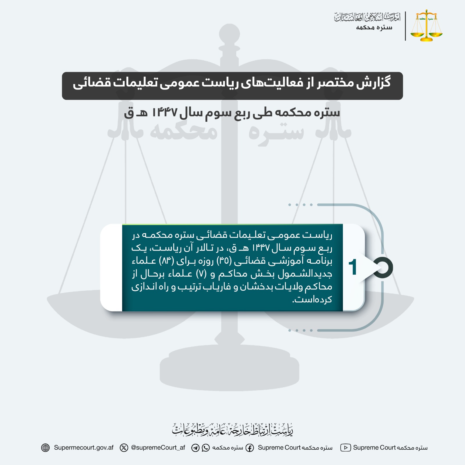 گزارش مختصر از فعالیت‌های ریاست عمومی دارالانشاء ستره محکمه طی ربع سوم سال ۱۴۴۷هـ ق 