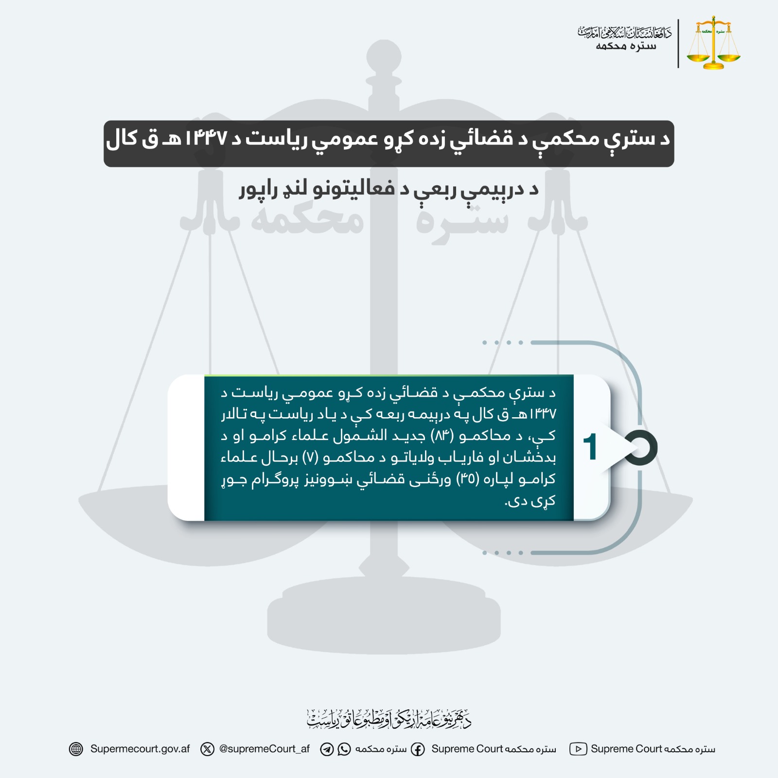 د سترې محکمې د قضائي زده کړو عمومي ریاست د ۱۴۴۷هـ ق کال د درېیمې ربعې د فعاليتونو لنډ راپور