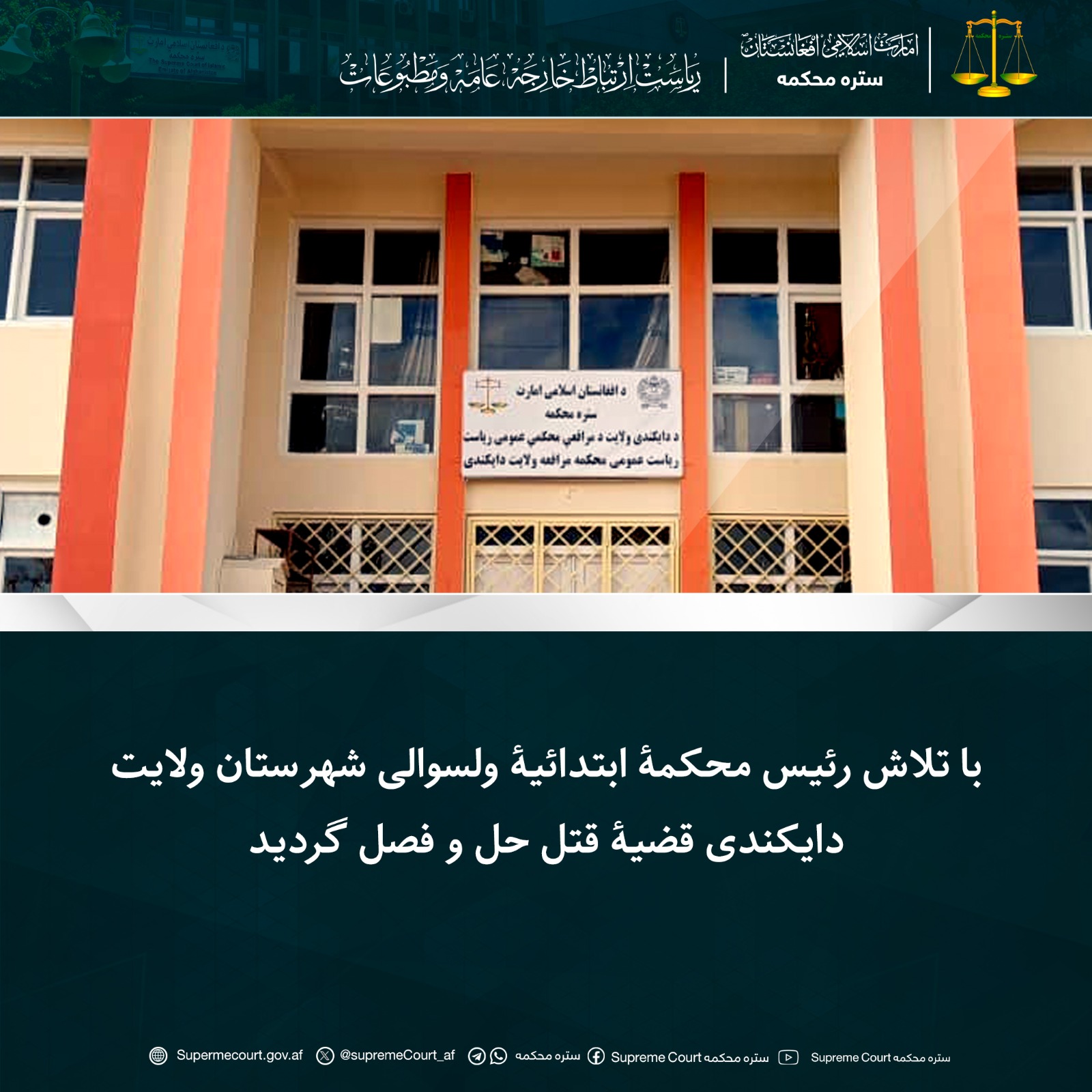 با تلاش‌ رئیس محکمۀ ابتدائیۀ ولسوالی شهرستان ولایت دایکندی قضیۀ قتل حل و فصل گردید