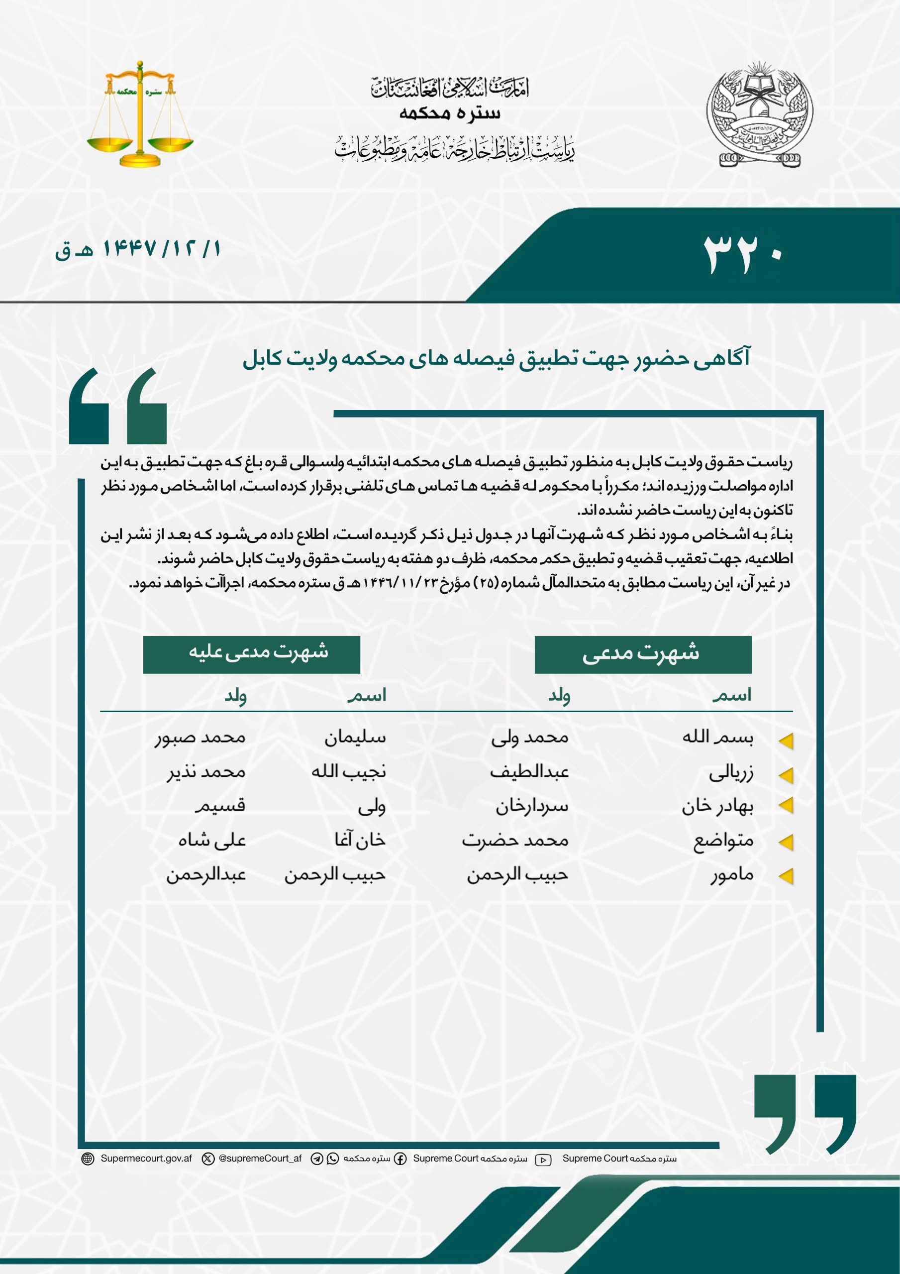 آگاهی حضور جهت تطبیق فیصله های محکمه ولایت کابل
