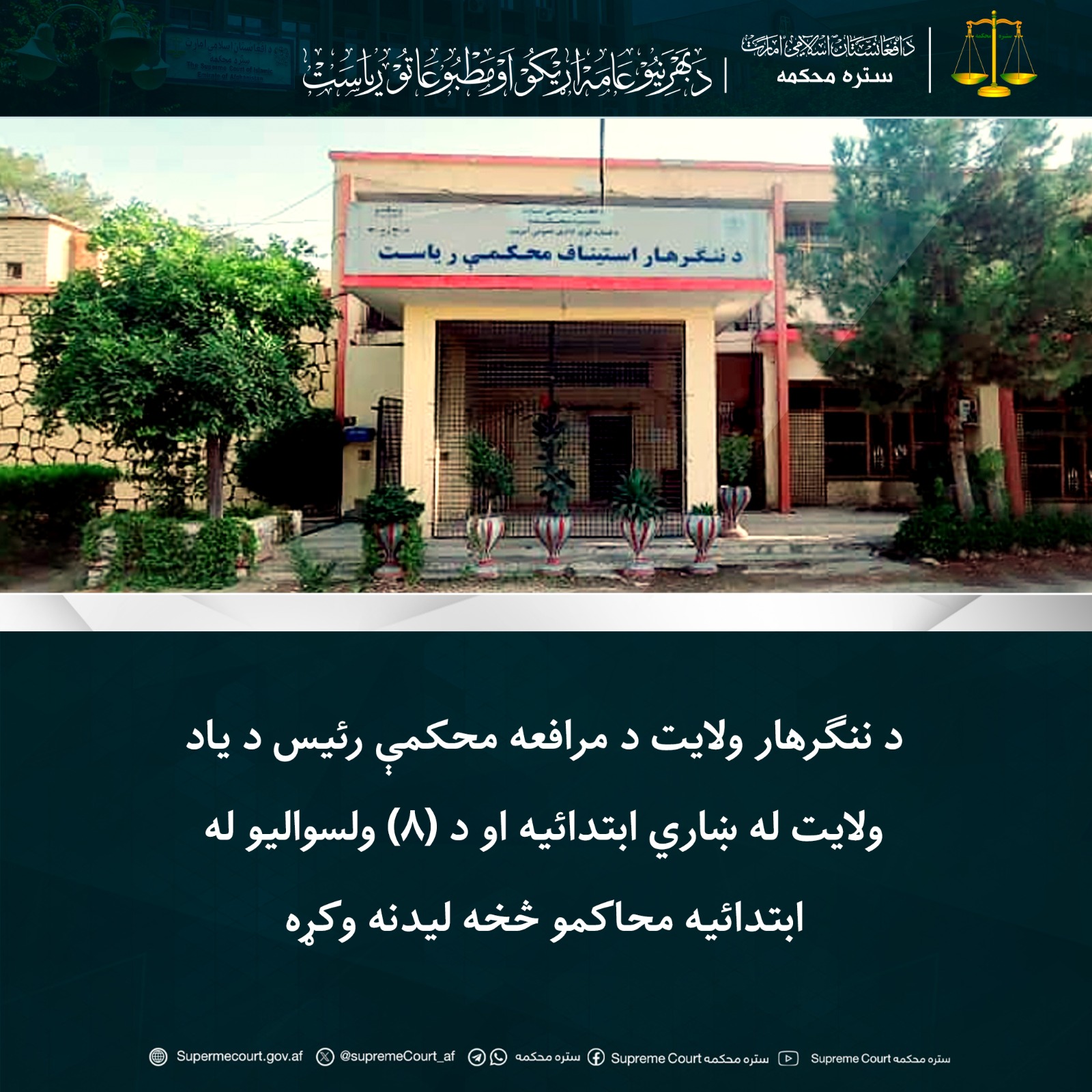 د ننګرهار ولايت د مرافعه محکمې رئيس د یاد ولايت له ښاري ابتدائیه او د (۸) ولسوالیو له ابتدائیه محاکمو څخه ليدنه وکړه